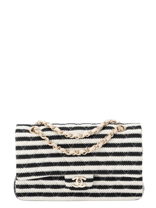 シャネル Wフラップ マトラッセ25 パールチェーンショルダーバッグ コットン ブラック×ホワイト シャンパンゴールド金具