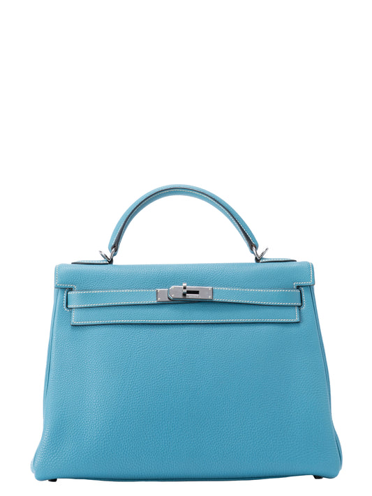 エルメス ケリー32 ハンドバッグ 内縫い □J刻:2006年 トゴ ブルージーン シルバー金具