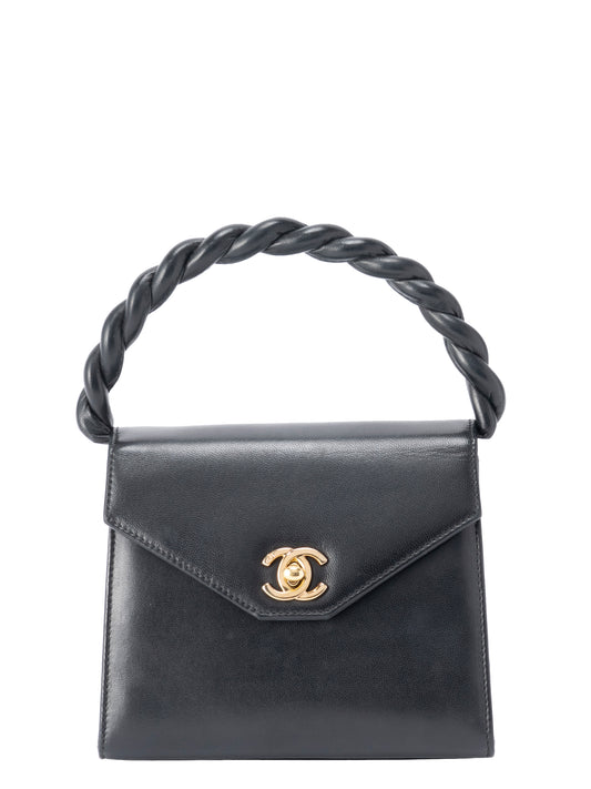 シャネル ツイストハンドル ハンドバッグ ラムスキン ブラック ゴールド金具