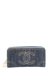 CHANEL CC Logo Long Wallet Denim Navy Gold Hardware
