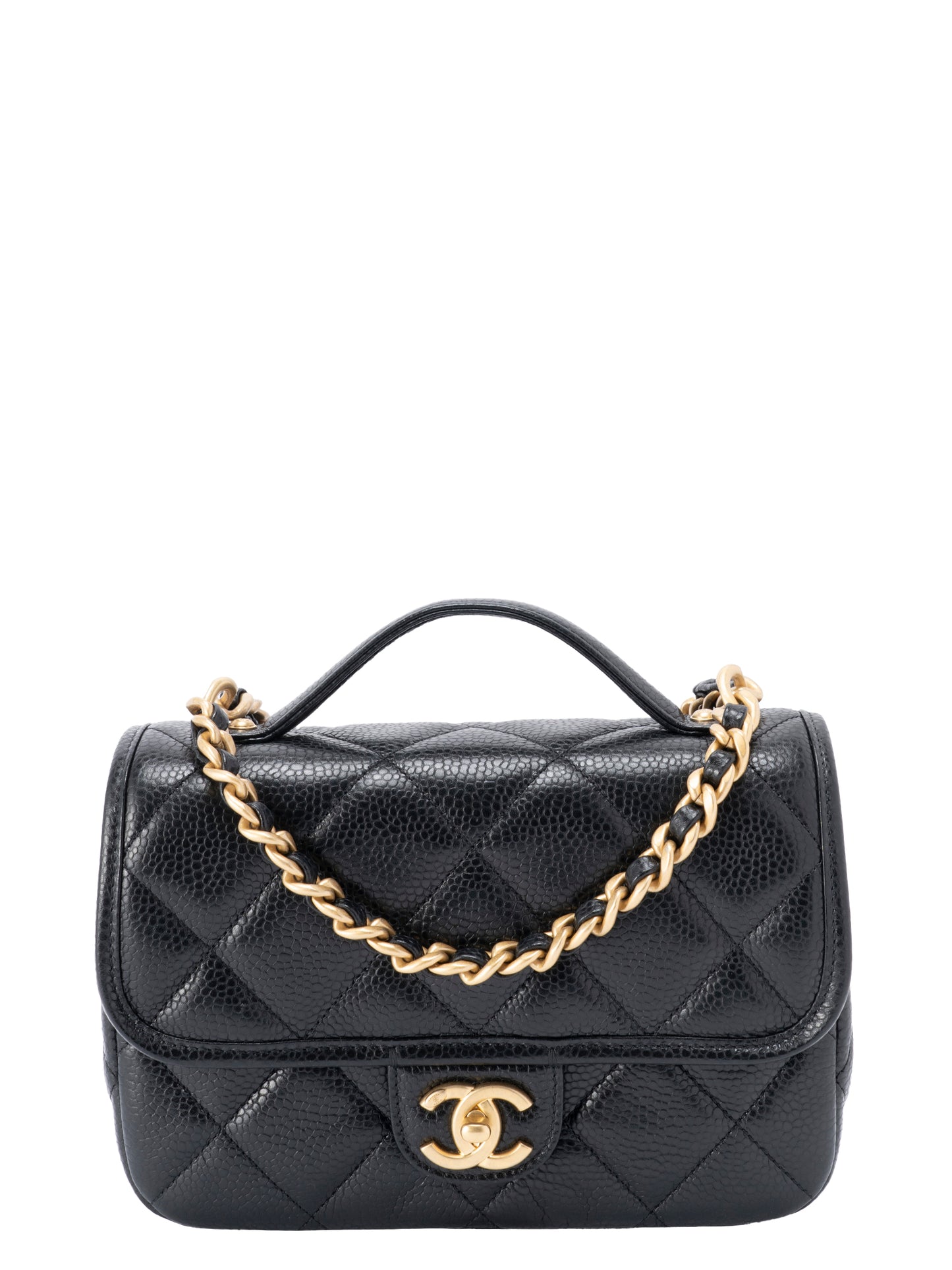 シャネル ミニフラップ トップハンドル2WAYショルダーバッグ キャビアスキン シリアルプレート ブラック ゴールド金具