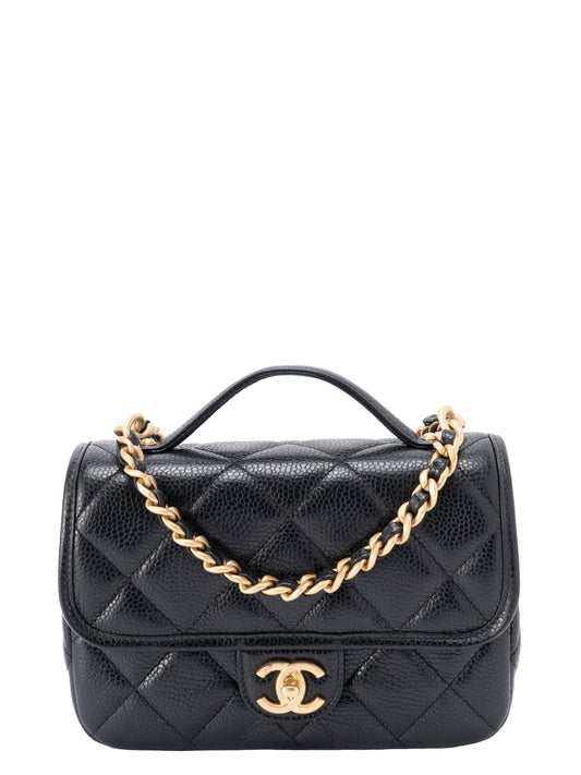 シャネル ミニフラップ トップハンドル2WAYショルダーバッグ キャビアスキン シリアルプレート ブラック ゴールド金具