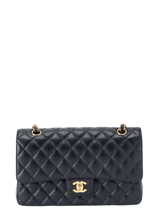 シャネル Wフラップ マトラッセ25 ショルダーチェーンバッグ キャビアスキン ブラック ゴールド金具