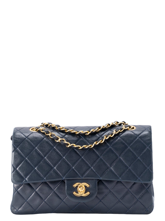 シャネル Wフラップ マトラッセ25 ショルダーチェーンバッグ ラムスキン ネイビー ゴールド金具