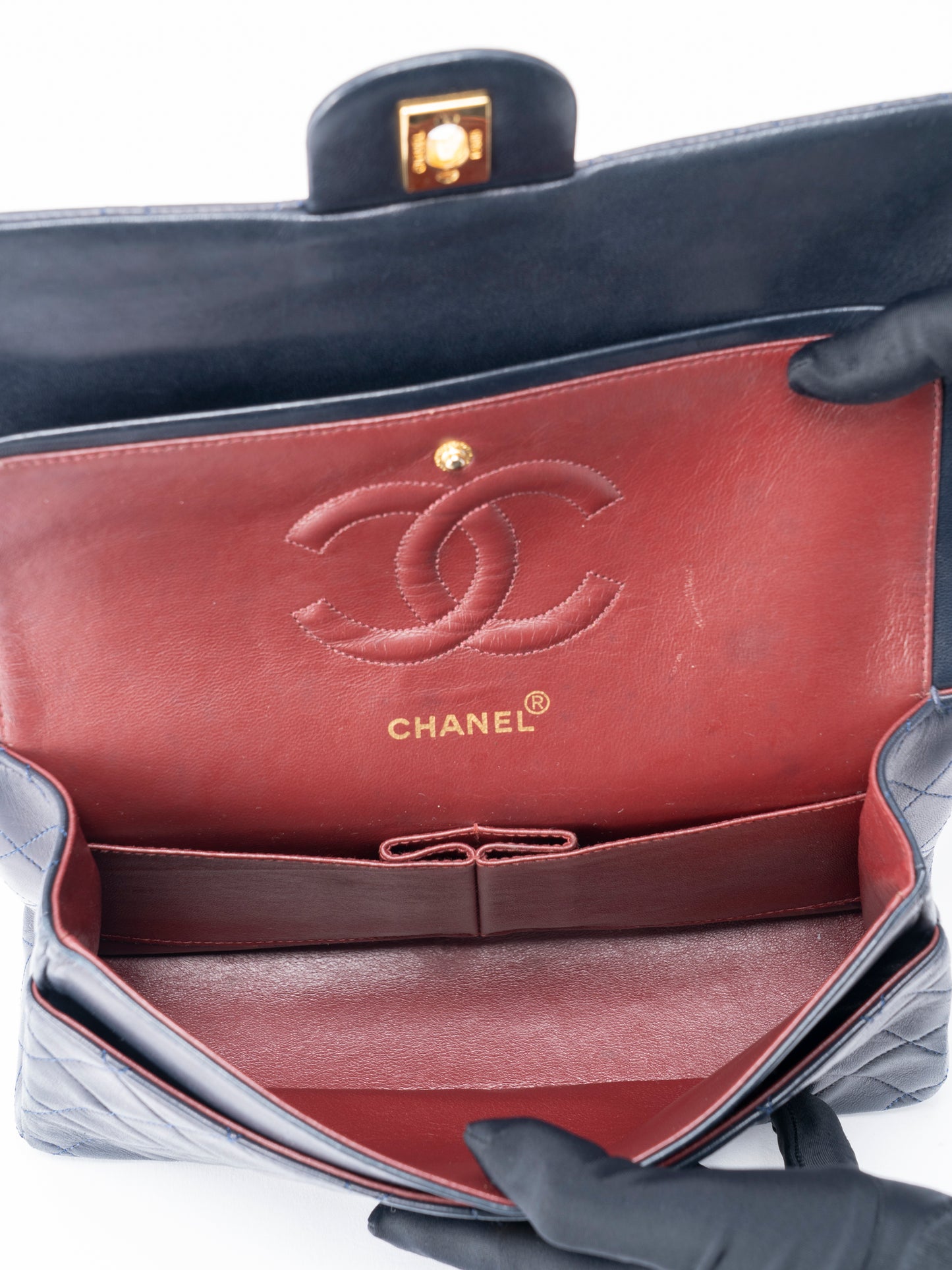 シャネル Wフラップ マトラッセ25 ショルダーチェーンバッグ ラムスキン ネイビー ゴールド金具