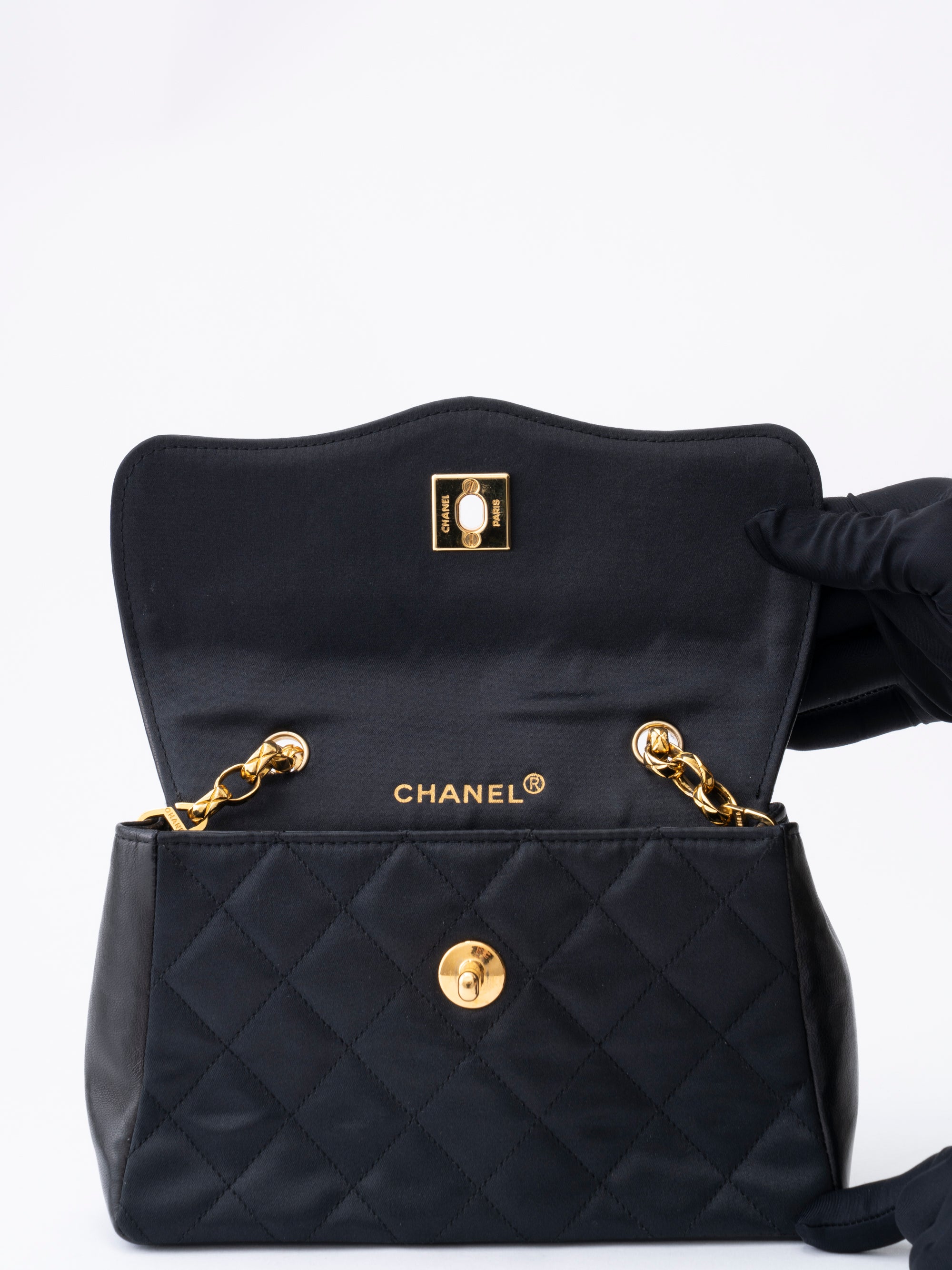 Chanel Matelassé Chain Shoulder Bag with Pouch, Lambskin x Satin, Black, Gold-Tone Hardware