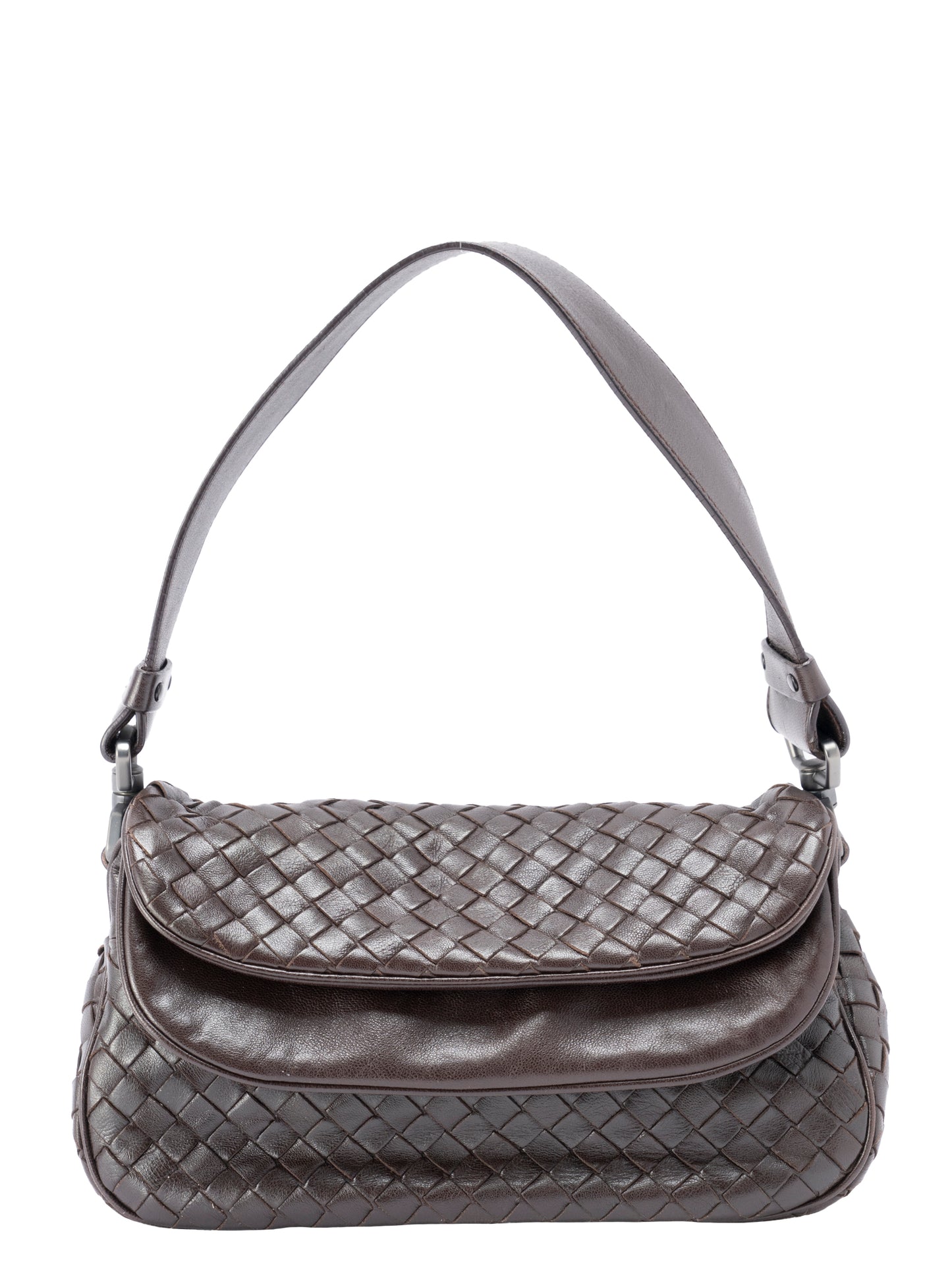 ボッテガヴェネタ イントレチャート ショルダーバッグ レザー ブラウン シルバー金具