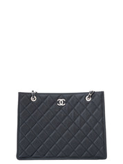 CHANEL Matelassé Chain Tote Bag, Caviar Skin, Serial Plate, Black, Silver Hardware