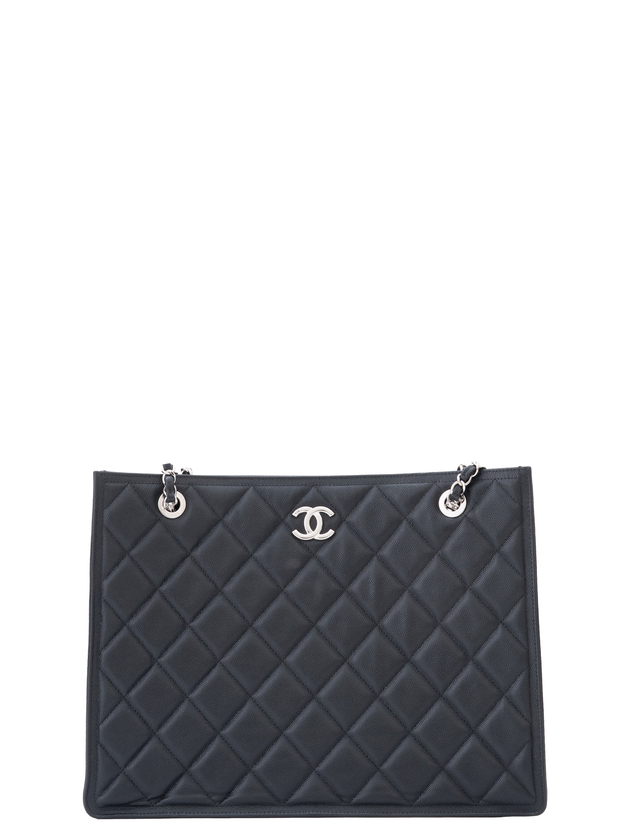CHANEL Matelassé Chain Tote Bag, Caviar Skin, Serial Plate, Black, Silver Hardware