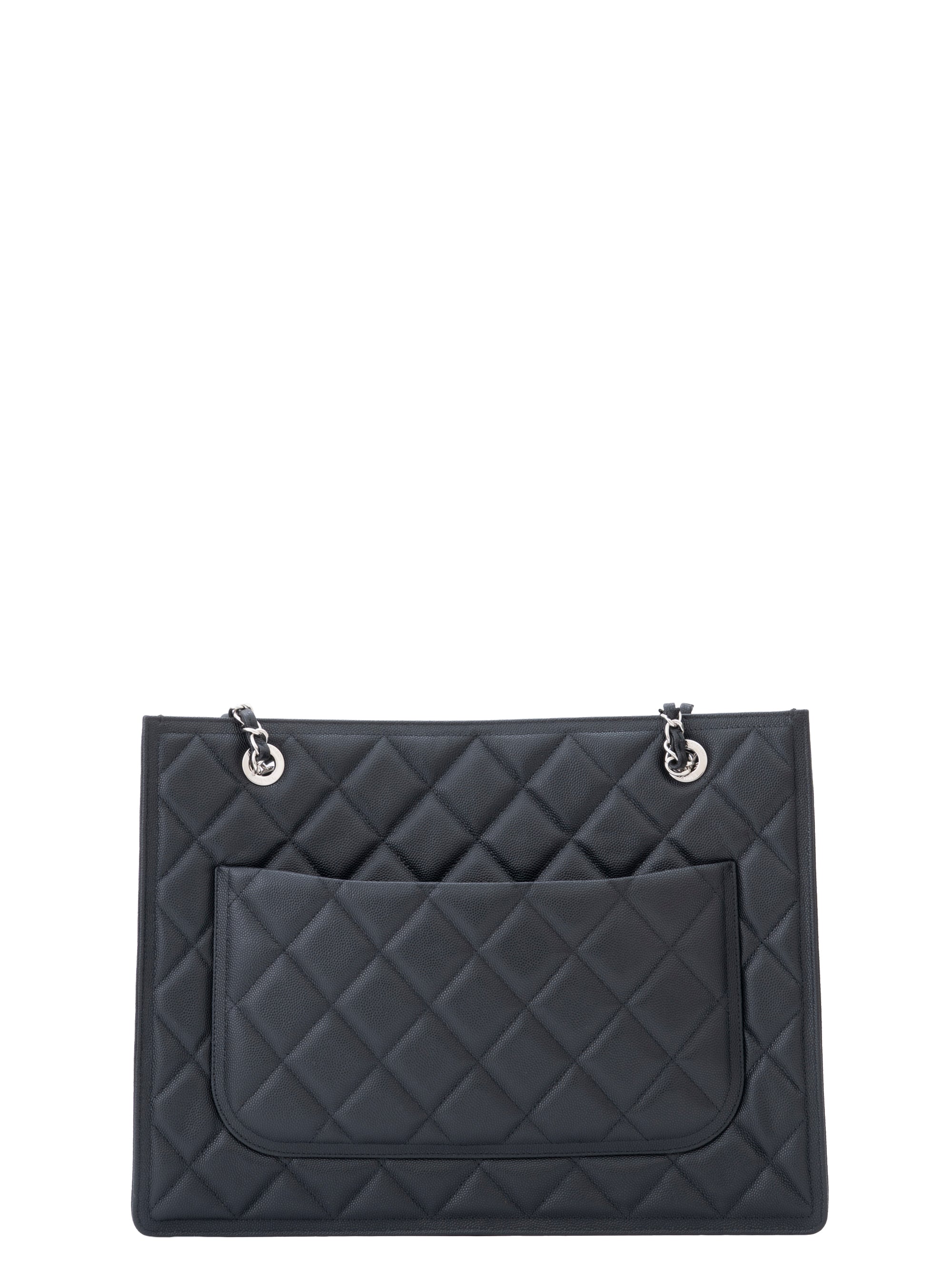CHANEL Matelassé Chain Tote Bag, Caviar Skin, Serial Plate, Black, Silver Hardware