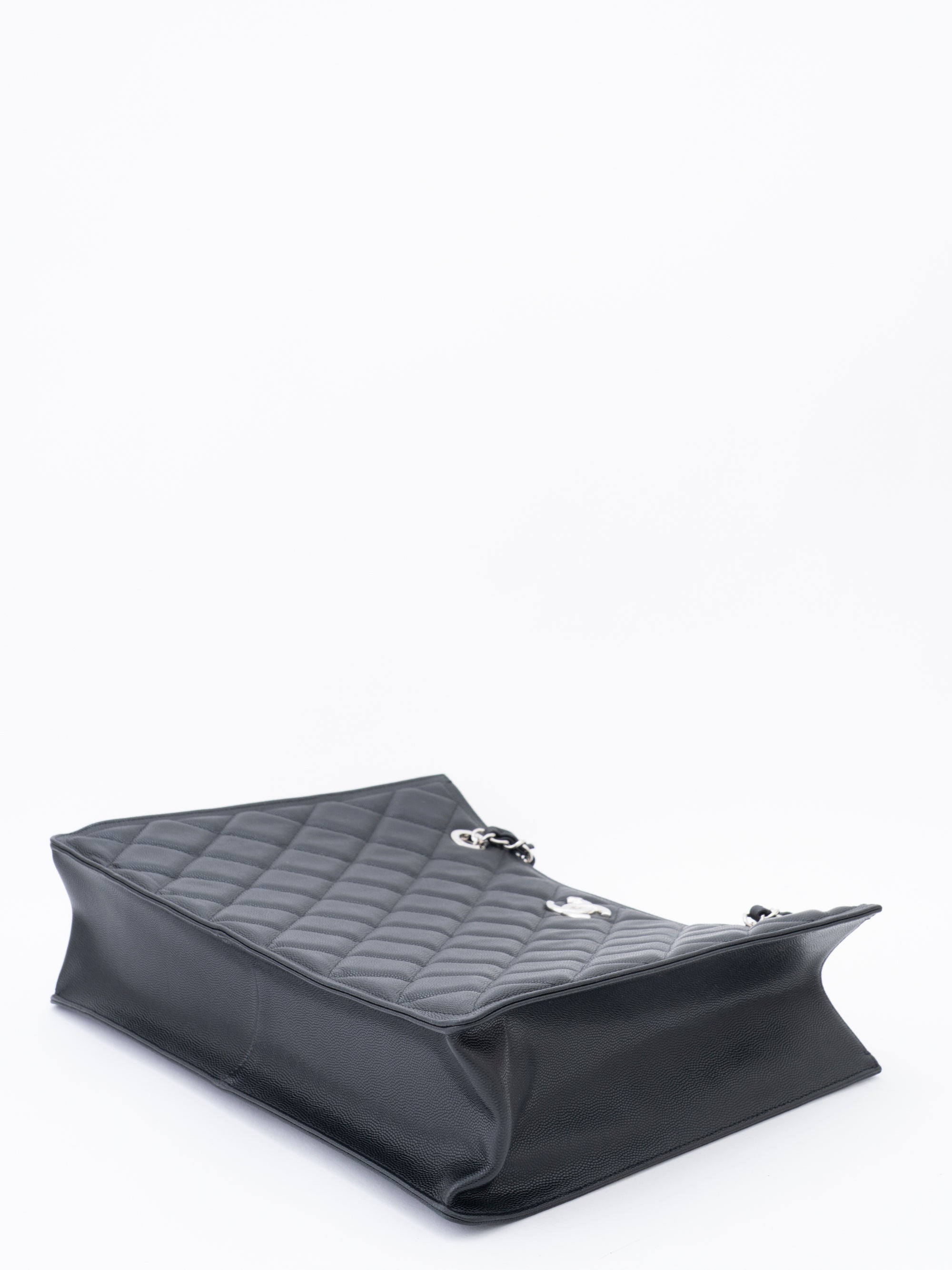 CHANEL Matelassé Chain Tote Bag, Caviar Skin, Serial Plate, Black, Silver Hardware