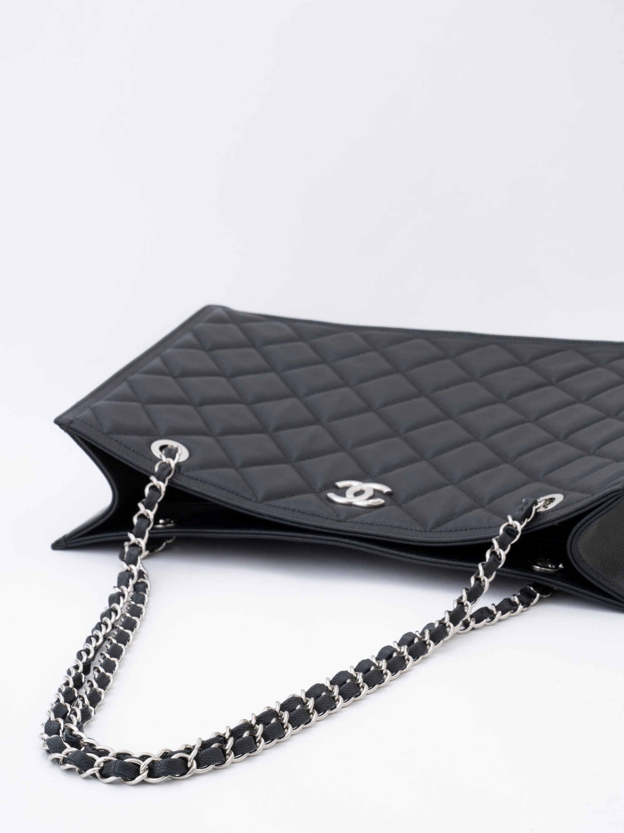 CHANEL Matelassé Chain Tote Bag, Caviar Skin, Serial Plate, Black, Silver Hardware