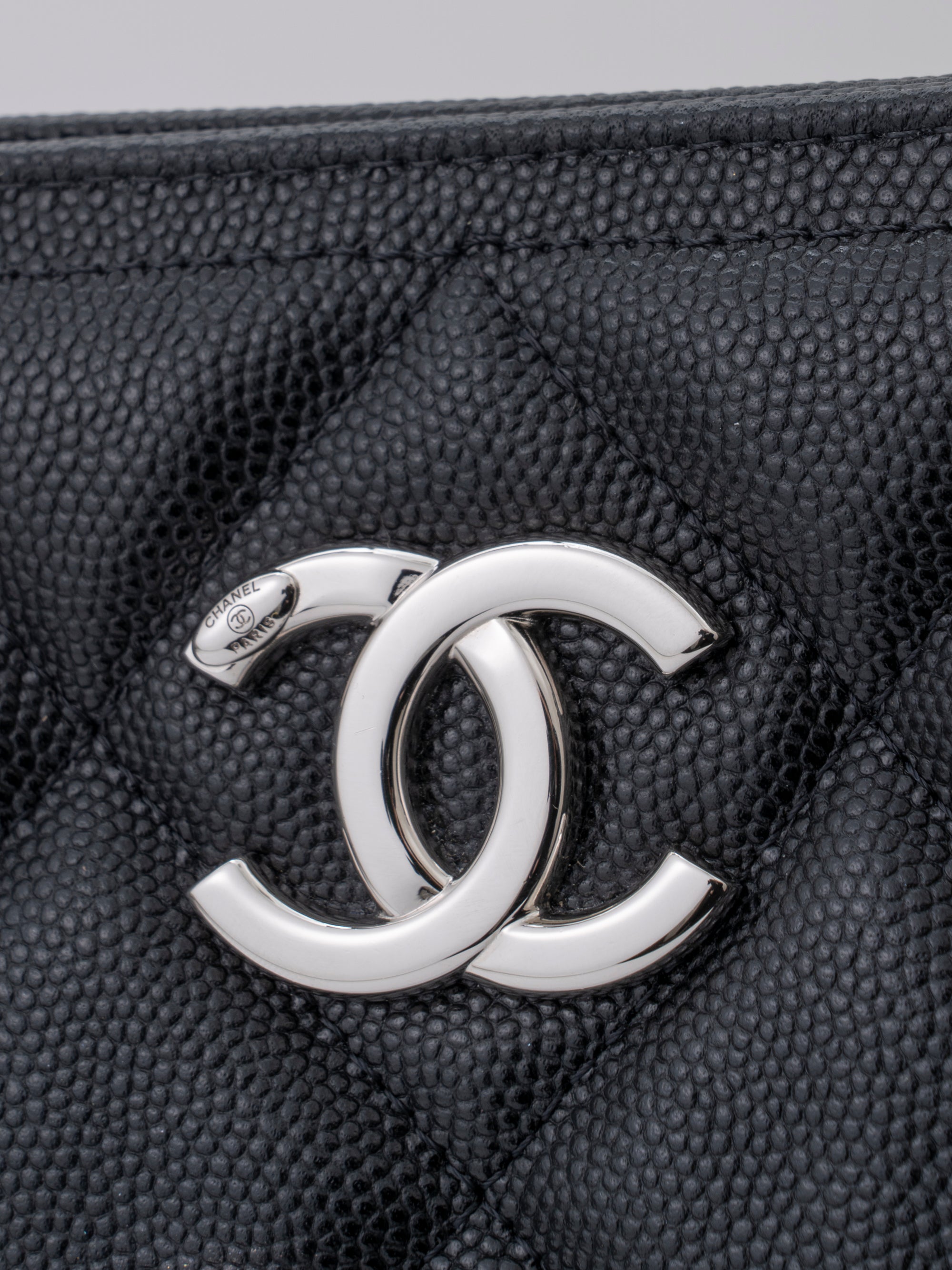 CHANEL Matelassé Chain Tote Bag, Caviar Skin, Serial Plate, Black, Silver Hardware