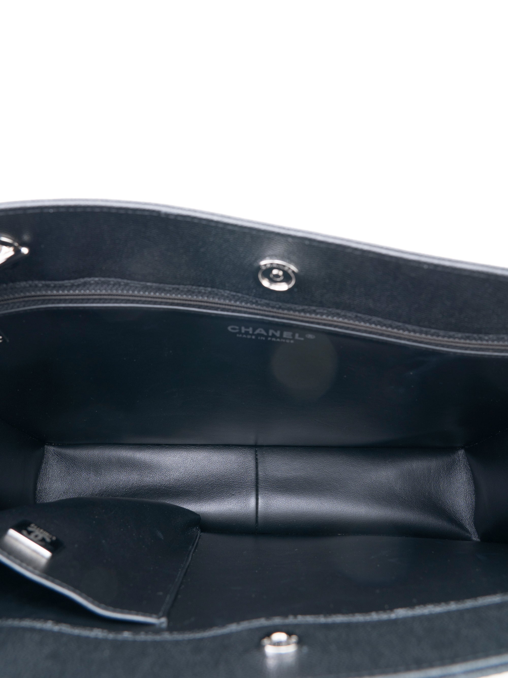 CHANEL Matelassé Chain Tote Bag, Caviar Skin, Serial Plate, Black, Silver Hardware