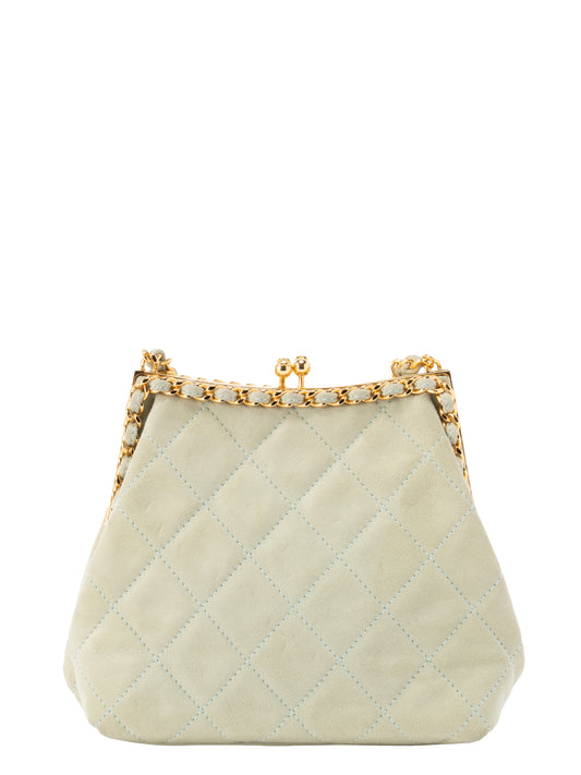 シャネル マトラッセ がま口 チェーンショルダーバッグ スエード ライトグリーン ゴールド金具