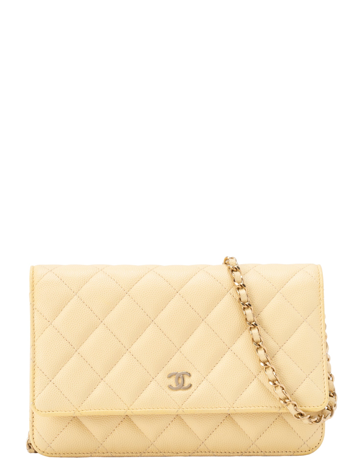 シャネル チェーンウォレット ターンロック シリアルプレート チェーンショルダーバッグ キャビアスキン イエロー ゴールド金具