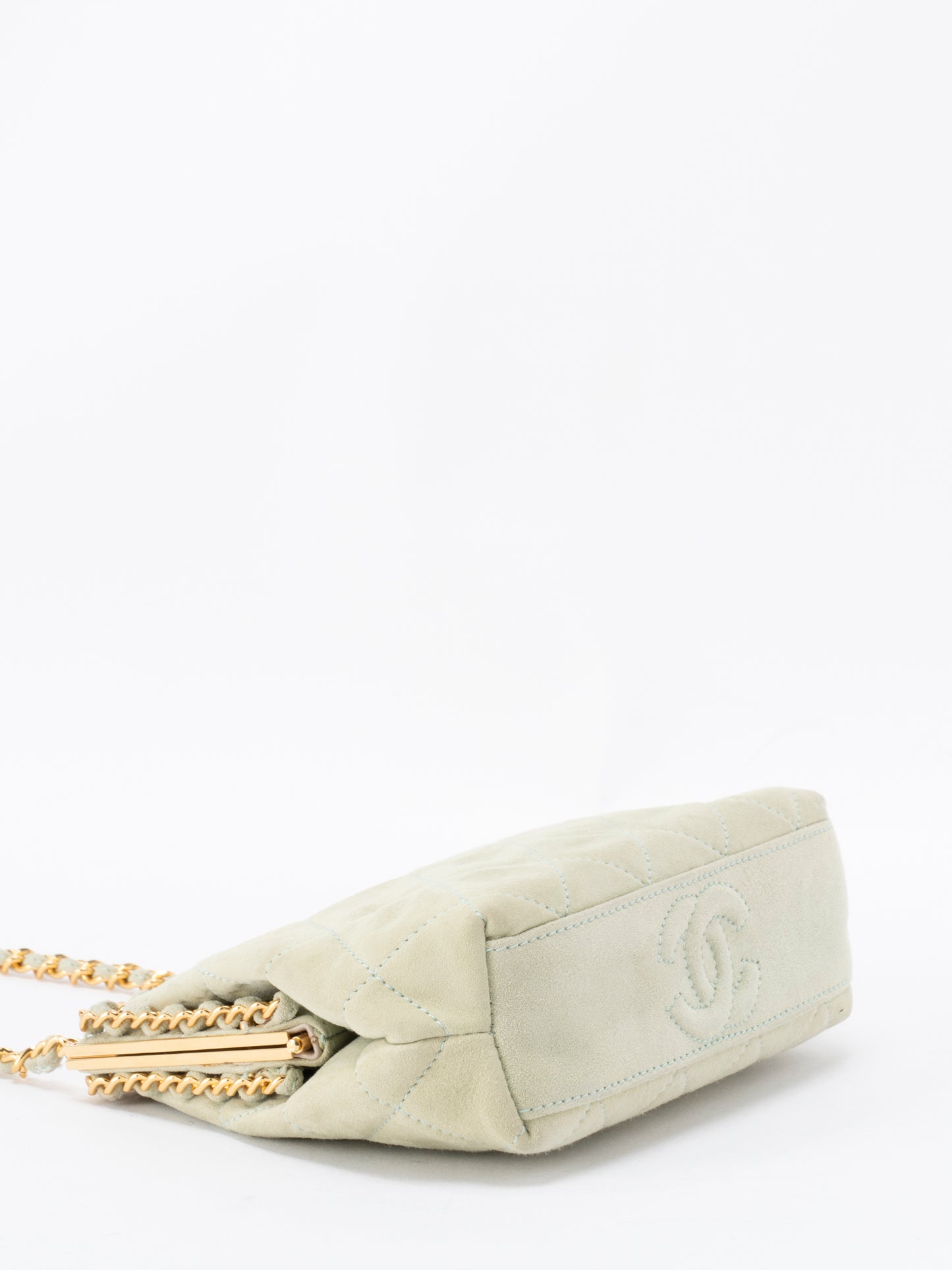 シャネル マトラッセ がま口 チェーンショルダーバッグ スエード ライトグリーン ゴールド金具