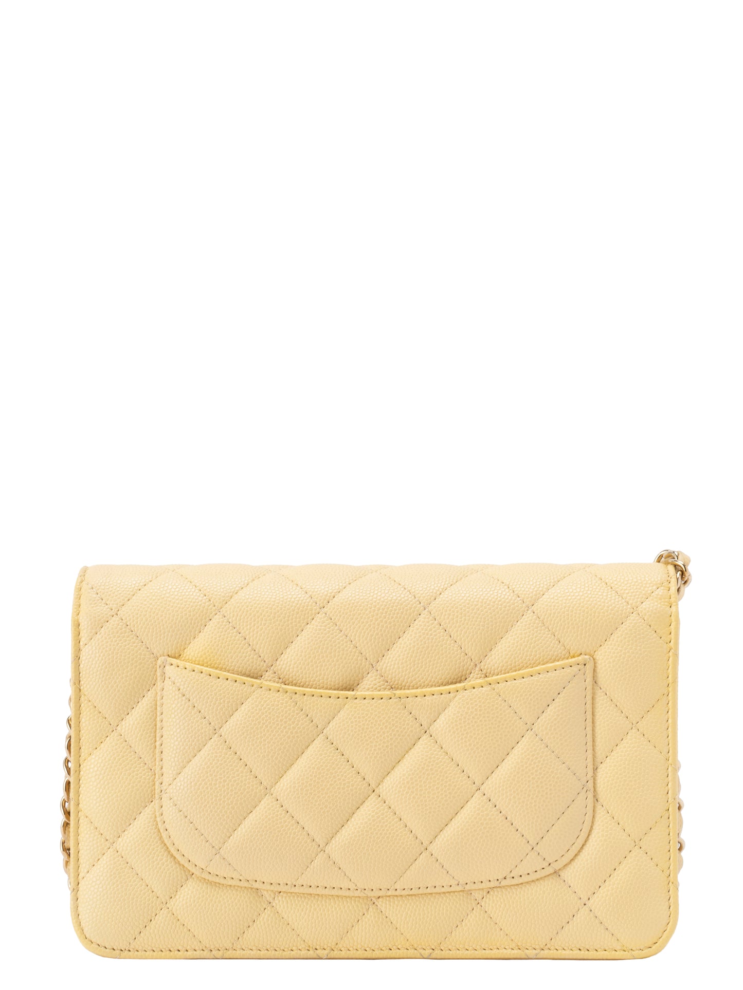 シャネル チェーンウォレット ターンロック シリアルプレート チェーンショルダーバッグ キャビアスキン イエロー ゴールド金具