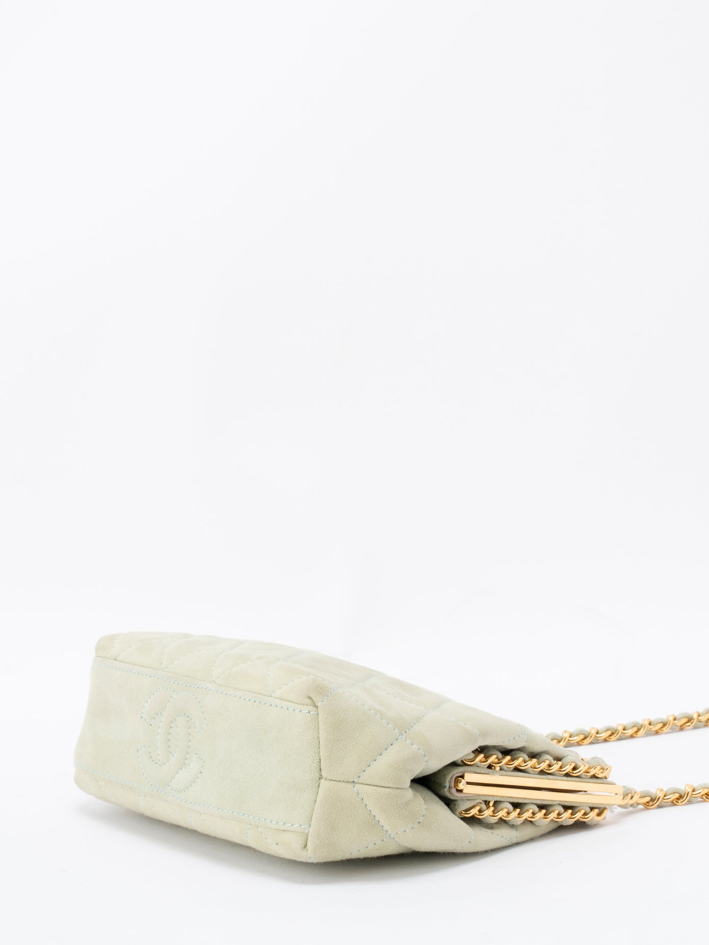 シャネル マトラッセ がま口 チェーンショルダーバッグ スエード ライトグリーン ゴールド金具