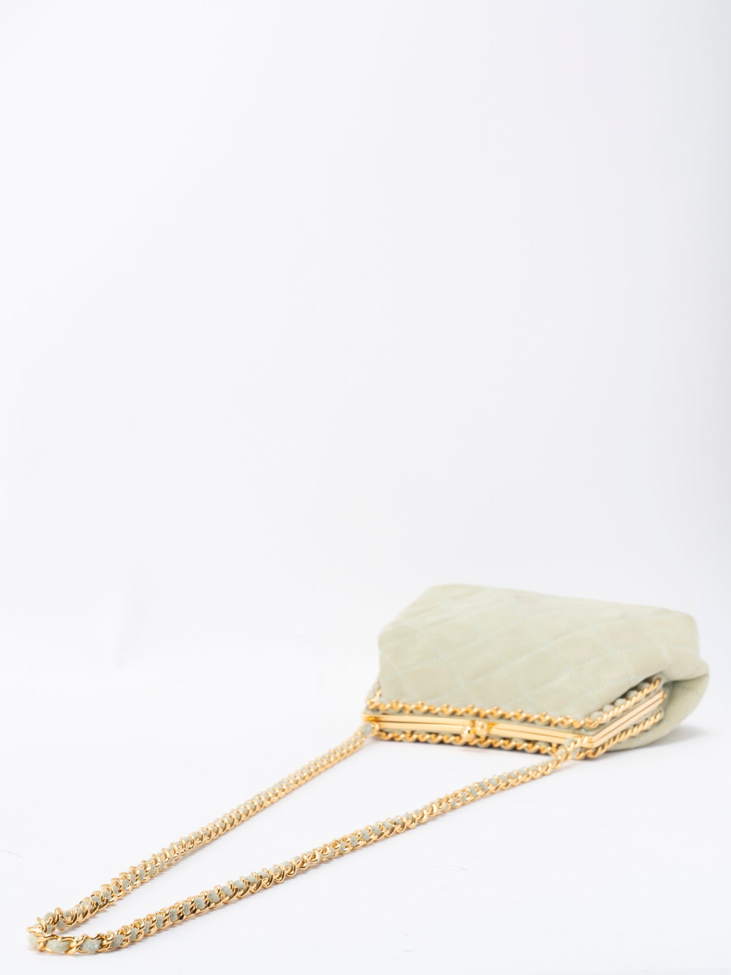 シャネル マトラッセ がま口 チェーンショルダーバッグ スエード ライトグリーン ゴールド金具