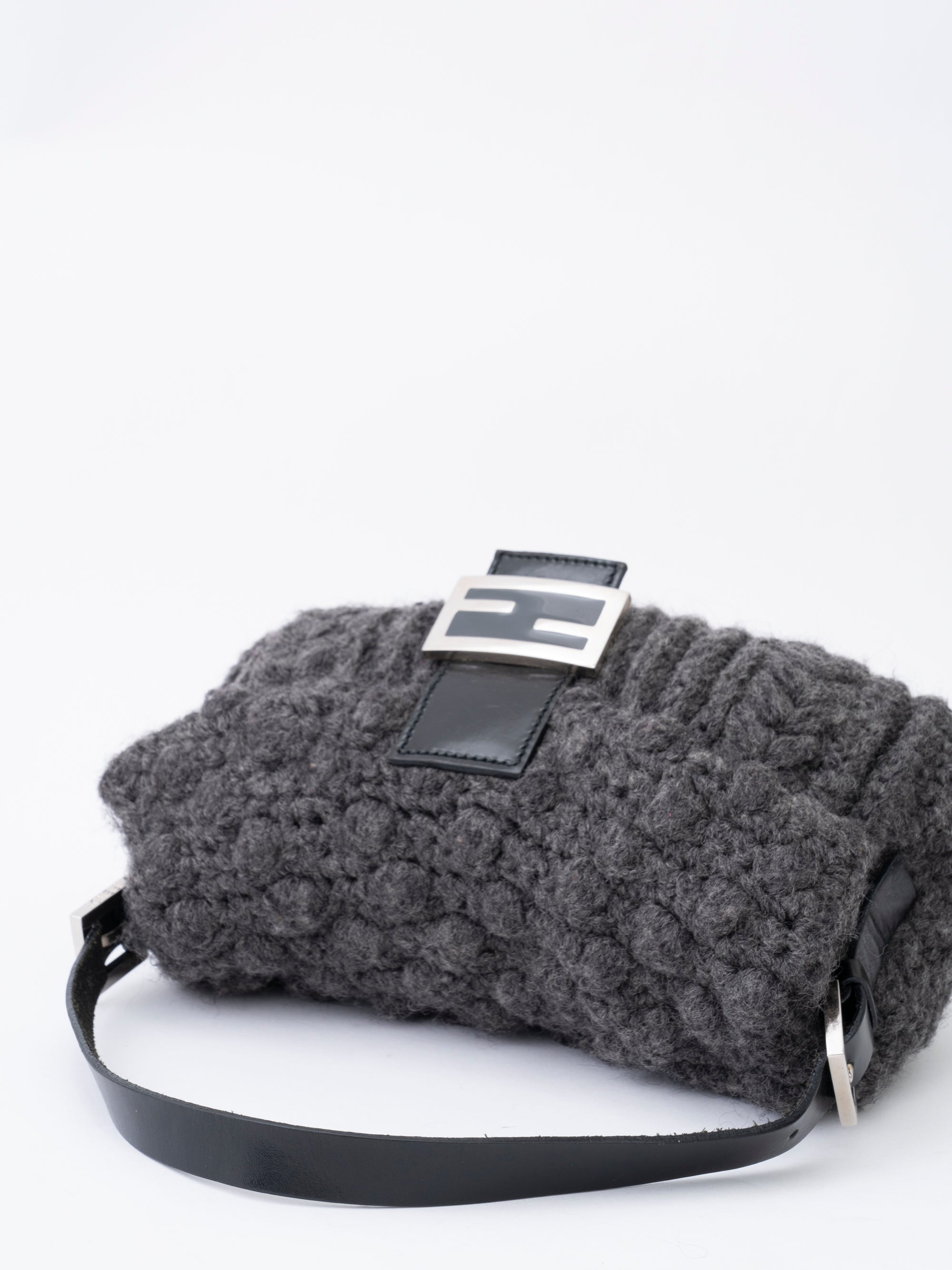 Fendi Mamma Bucket Shoulder Bag  Knit Gray Silver Hardware