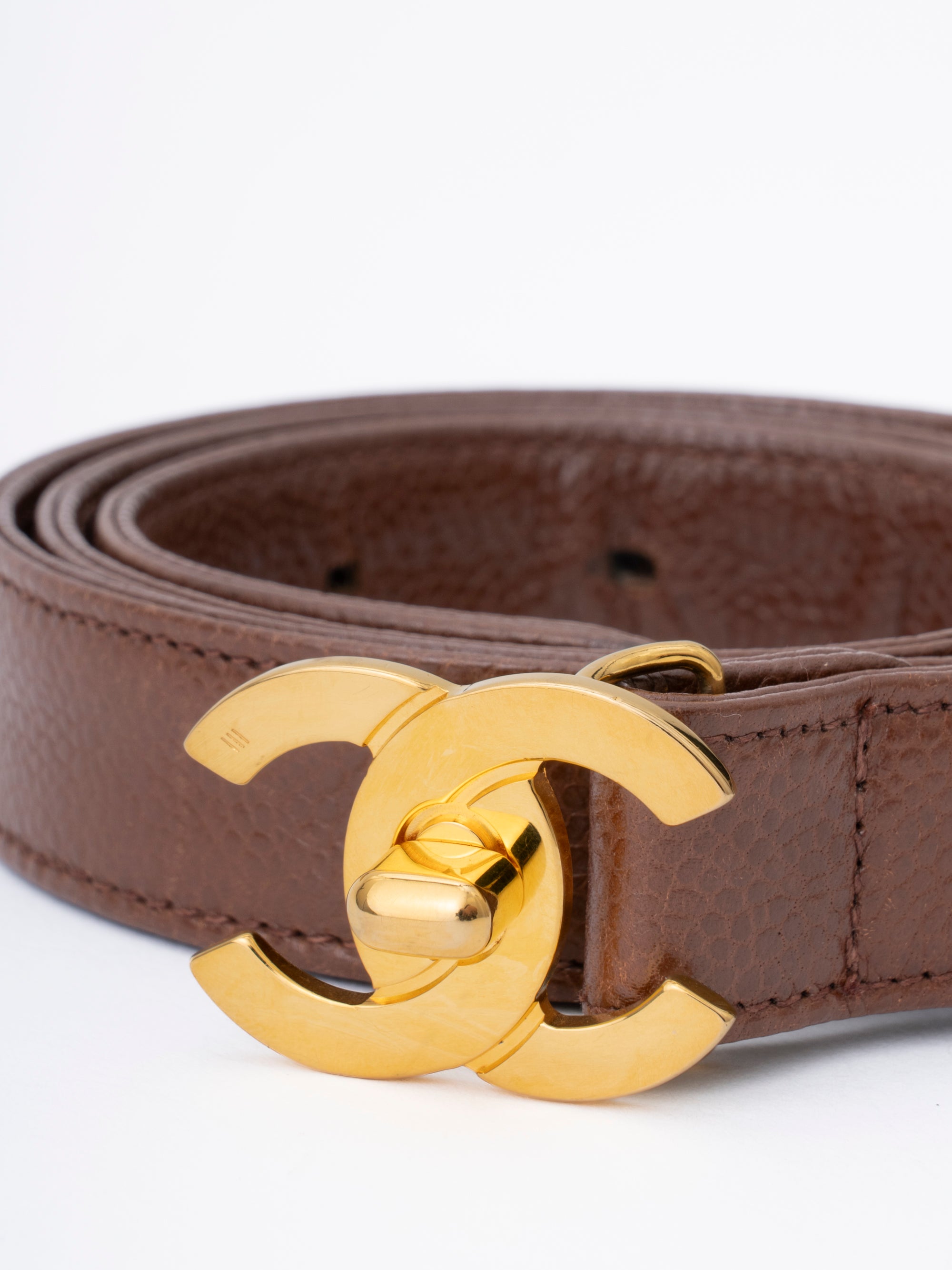 CHANEL Coco Mark Turn-Lock Belt Caviar Skin Brown Gold Hardware #75