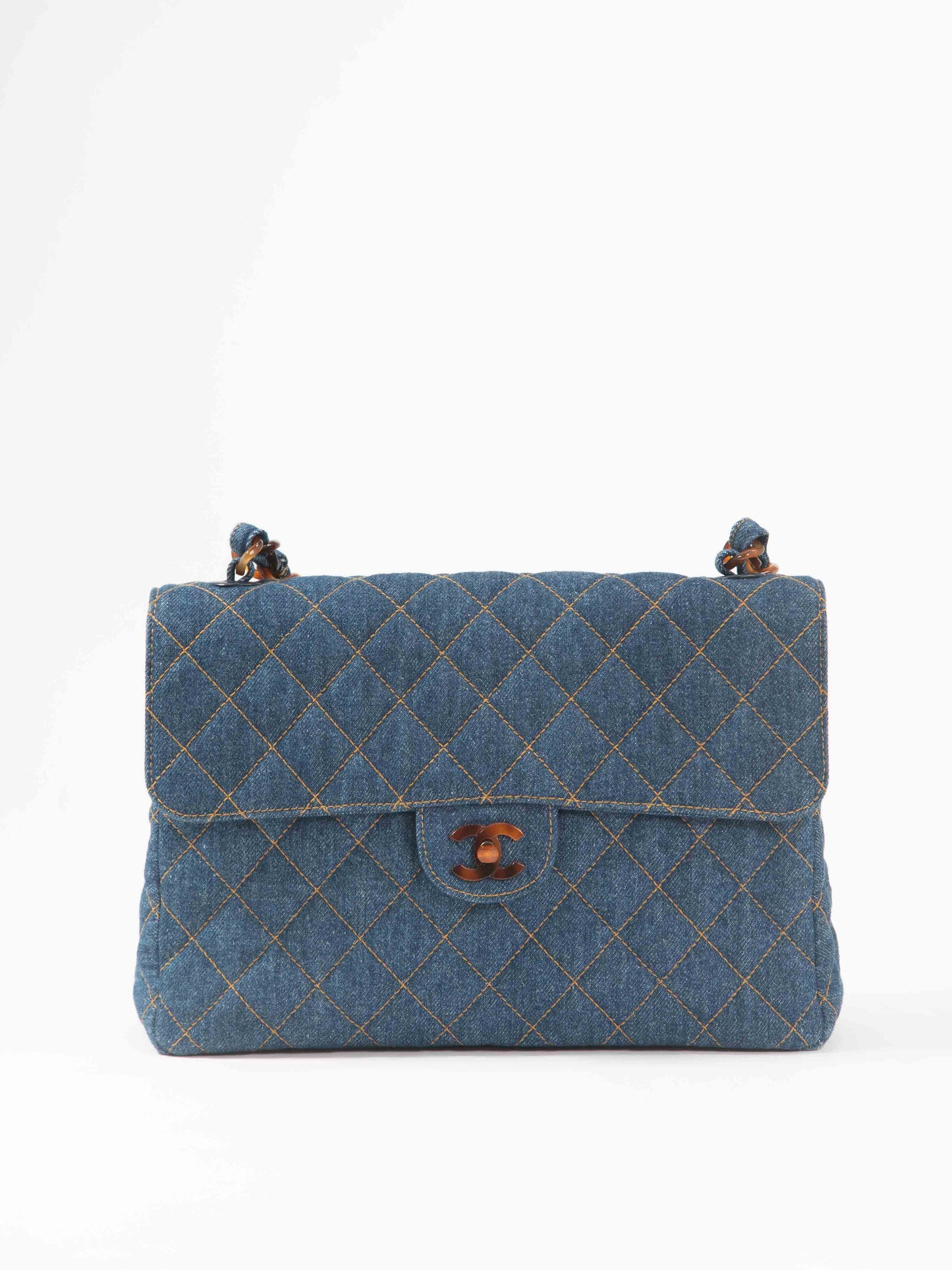 Chanel Jumbo Matelasse Classic Flap Tortoiseshell Shoulder Bag Denim Blue