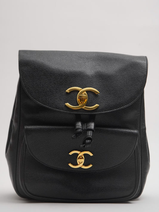 Chanel Turnlock Backpack Bag Caviar Skin Black Gold Hardware