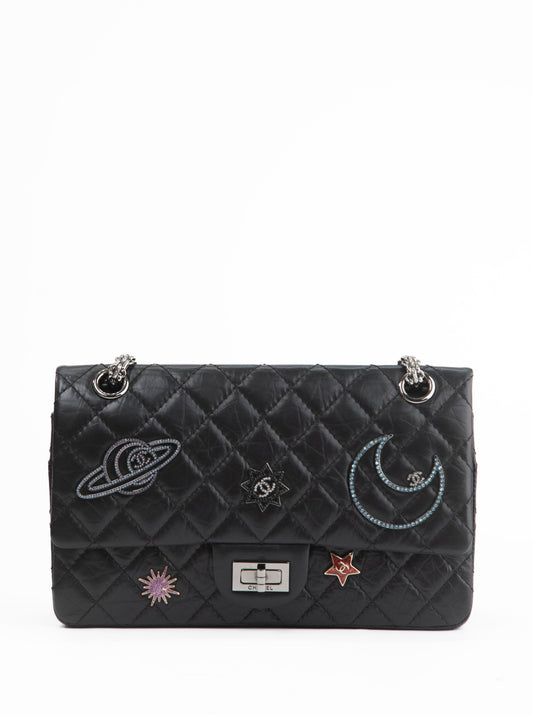Chanel 2.55 Chain Shoulder Bag Space Rhinestone Leather Calf Black