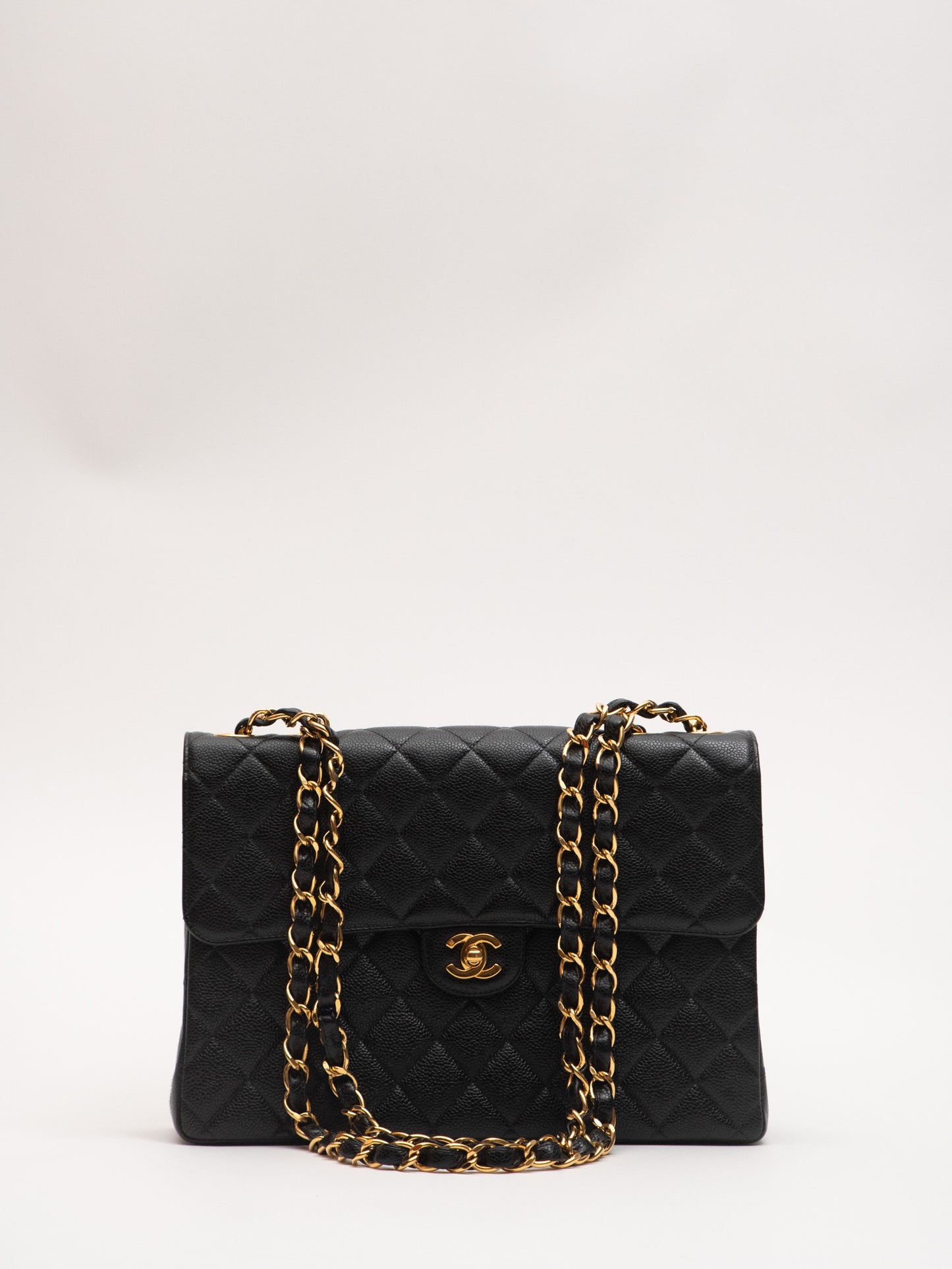 Vintage CHANEL Black Caviar Matelasse Chain Shoulder Bag With 