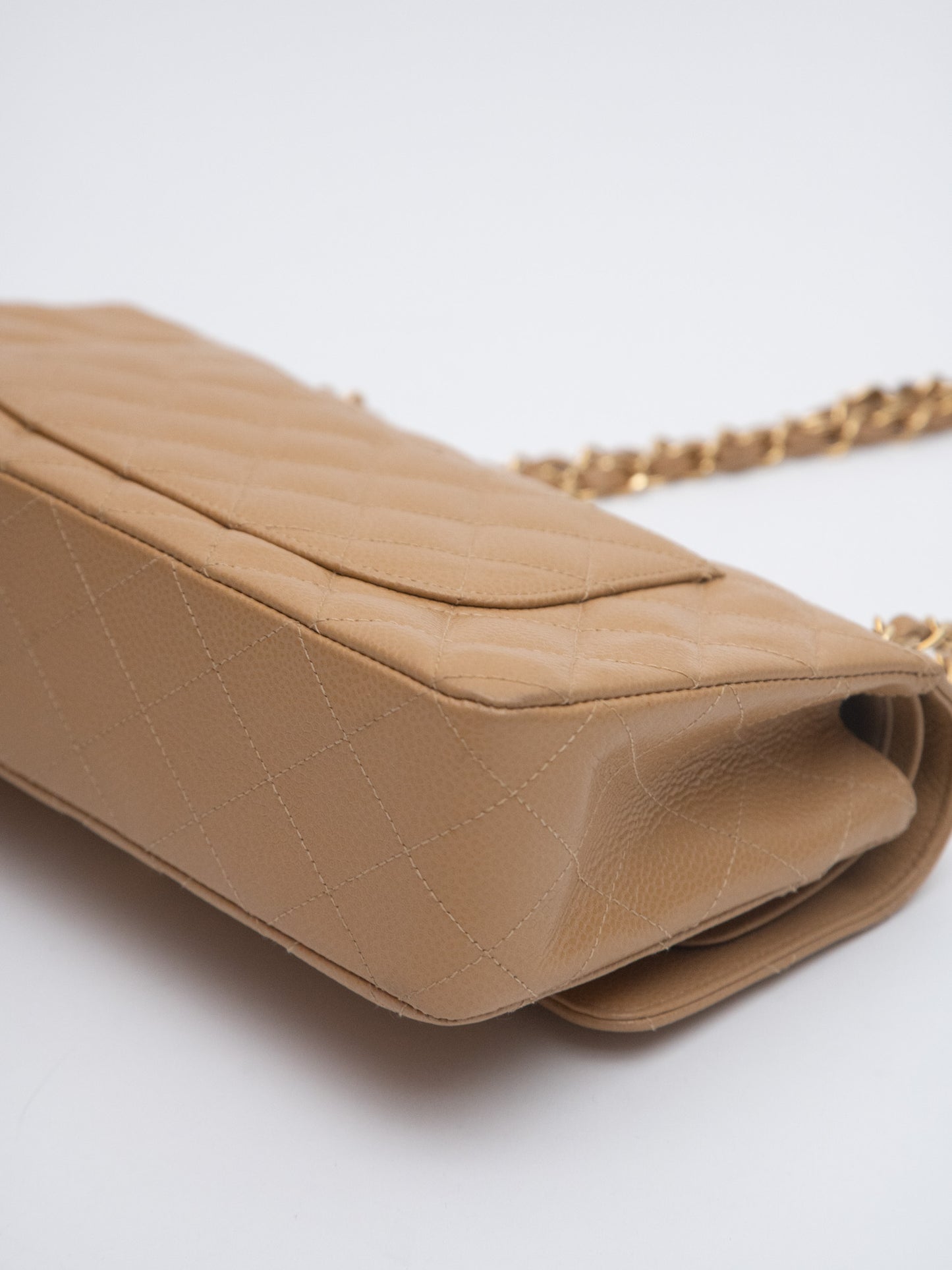 Chanel Classic Flap Shoulder Bag Medium Matelasse Chain Caviar Skin Beige Gold Hardware