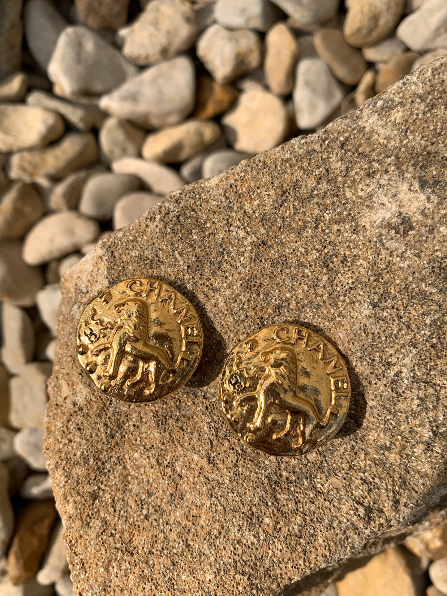 Chanel Lion Coco Mark Button Earrings Gold Plated Gold
