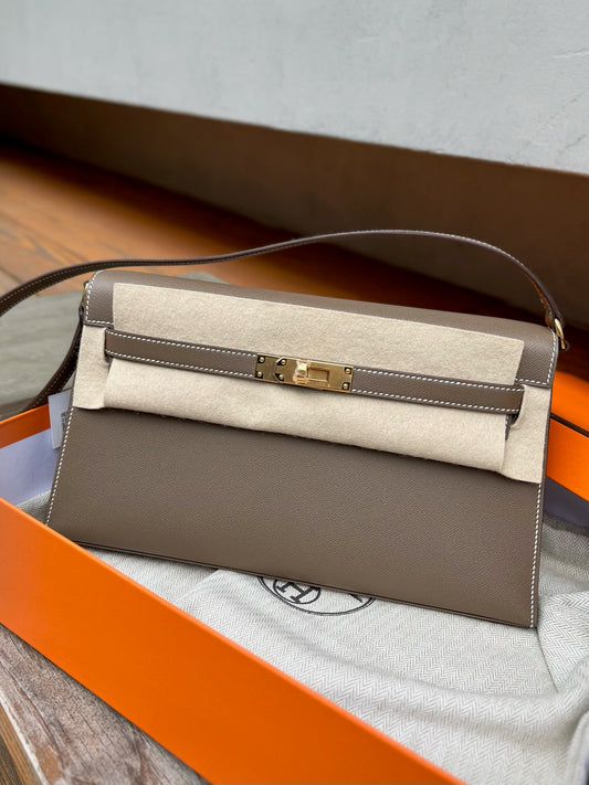 Hermes New Kelly Elan Shoulder Bag B:2023 Gold Hardware Madame Leather Etoupe Gray