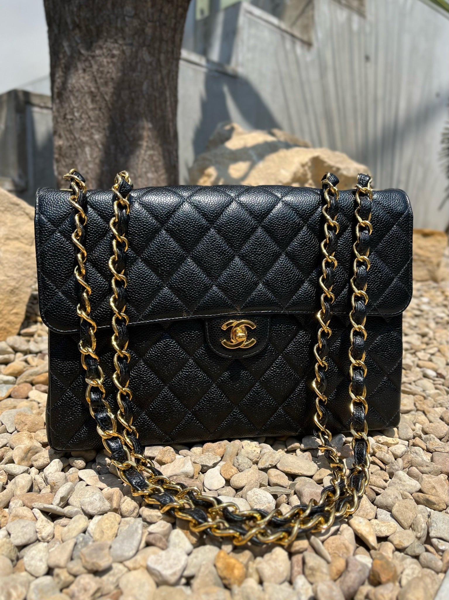 Chanel Jumbo Matelasse Chain Shoulder Bag Caviar Skin Black