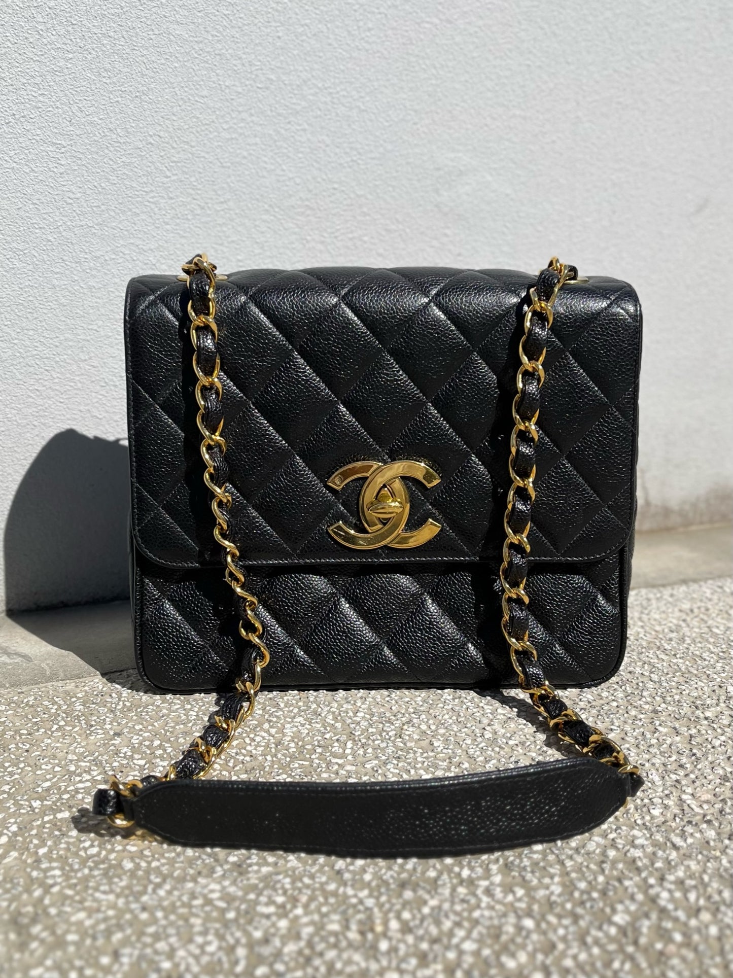 Chanel Matelasse Deca Coco Mark Turnlock Shoulder Bag Caviar Skin Black